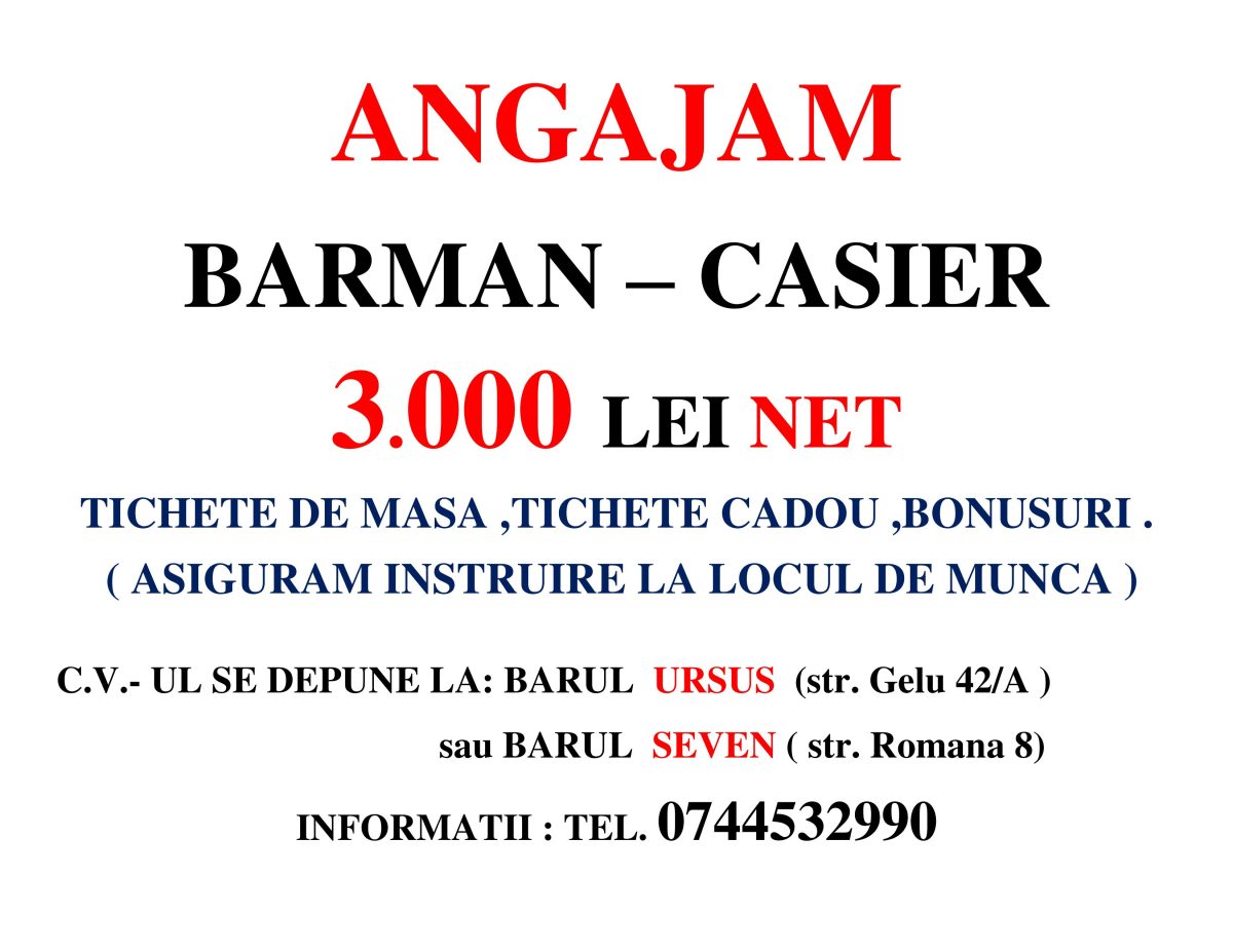 ANGAJAM  BARMAN CASIER 3000 NET